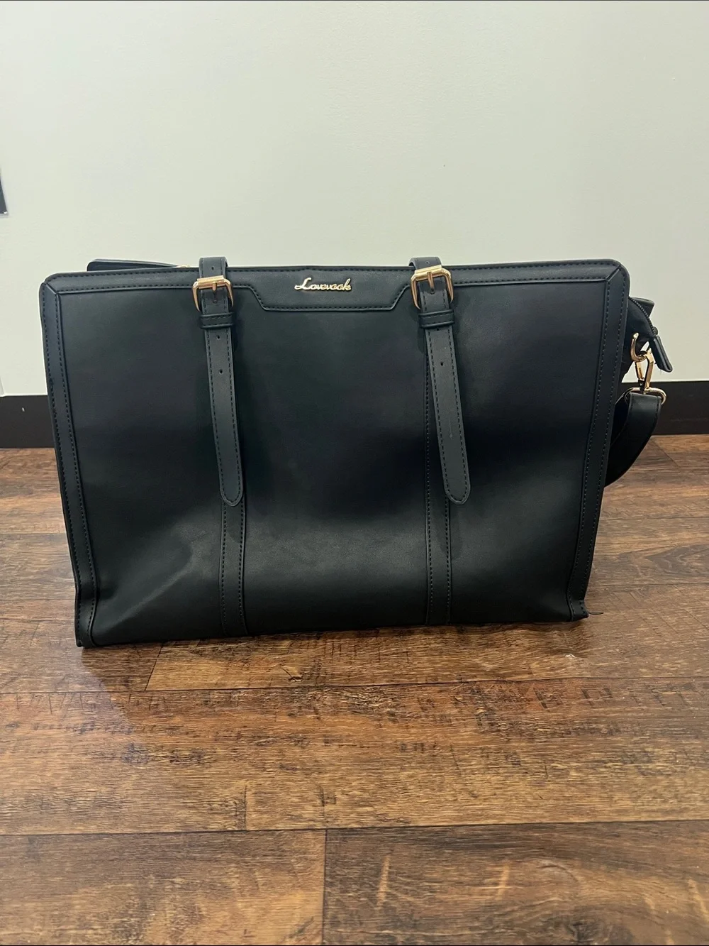 Black Leather Women’s Laptop Bag with Gold Accents